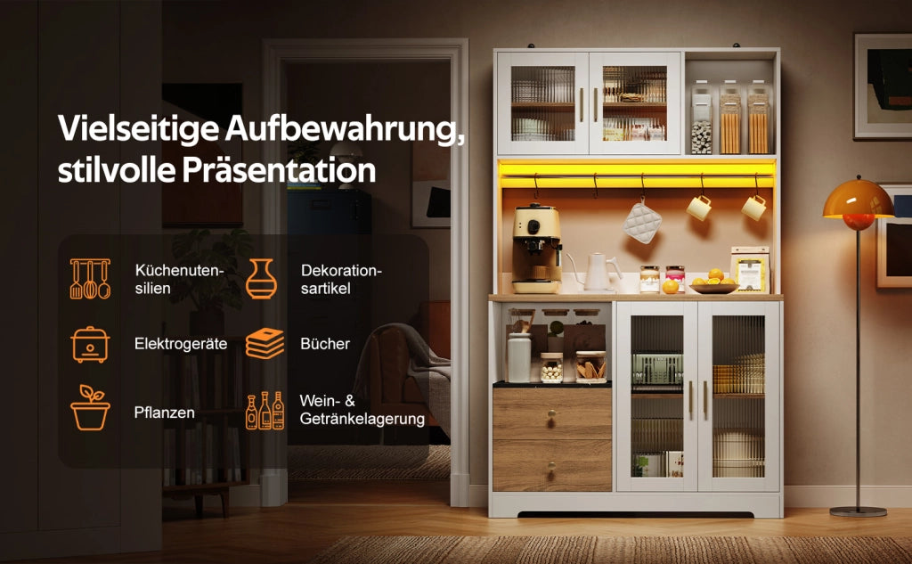 Credenza alta da cucina con LED, 4 ante in vetro temperato, prese e ripiani regolabili, per cucina, 110 × 40 × 178 cm