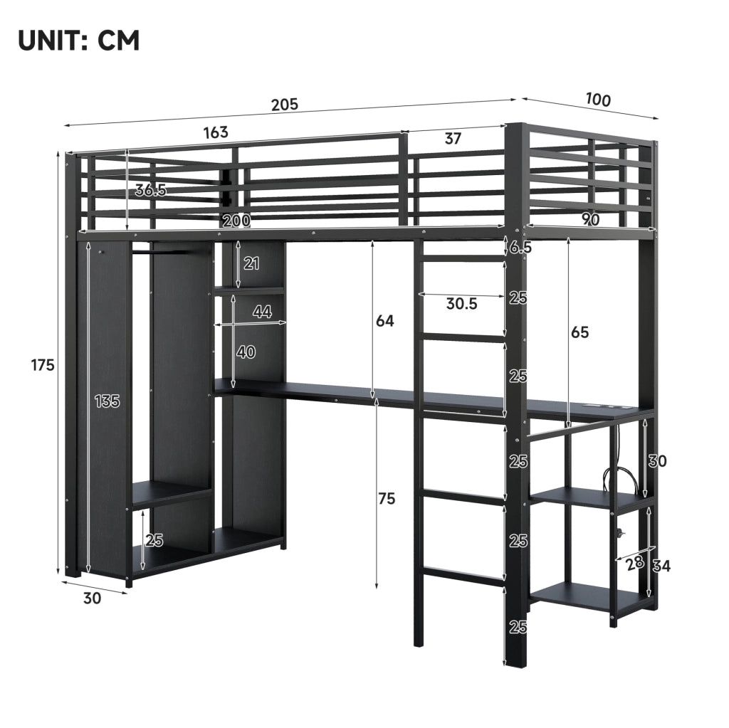 Letto a soppalco 90 x 200 cm in metallo e MDF con LED; scrivania e armadio aperto; nero