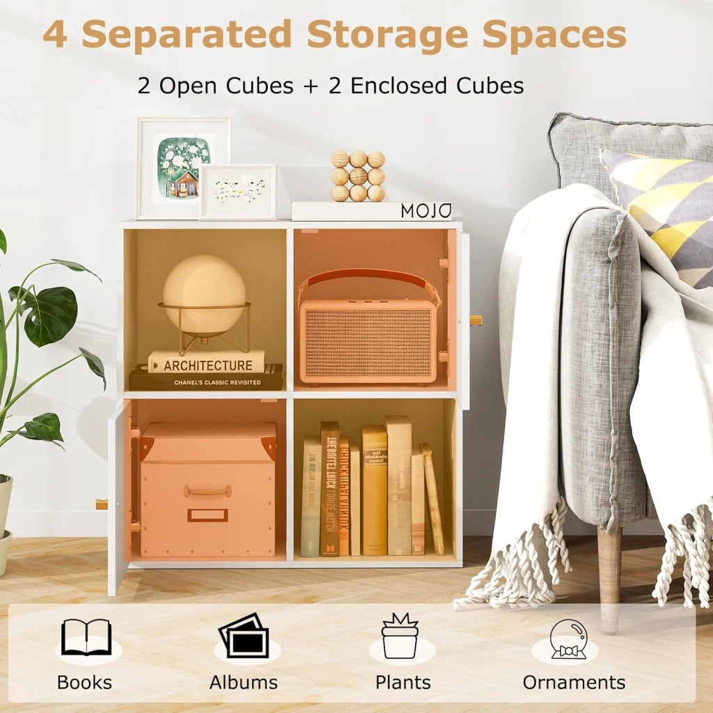 Scaffale per libri con 4 cubi, libreria a 2 livelli con porte, scomparti aperti, mobile ausiliario moderno, per soggiorno, studio, ufficio, 60 x 29 x 60 cm, bianco