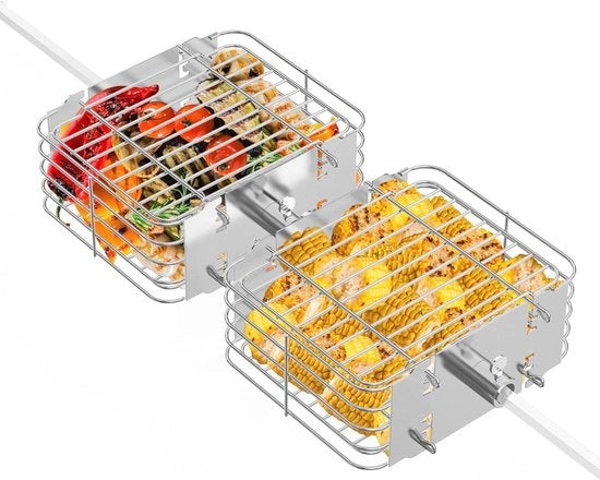 Griglia a due pezzi in acciaio inossidabile per spiedini da barbecue - verdure carne pesce - griglia a gas a carbone - argento