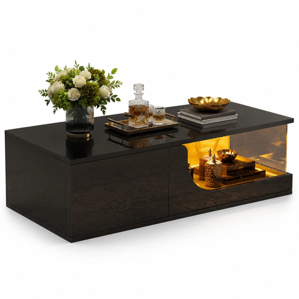 Tavolino nero 100x50x30 cm con 2 cassetti, LED USB e vetro temperato, MDF,