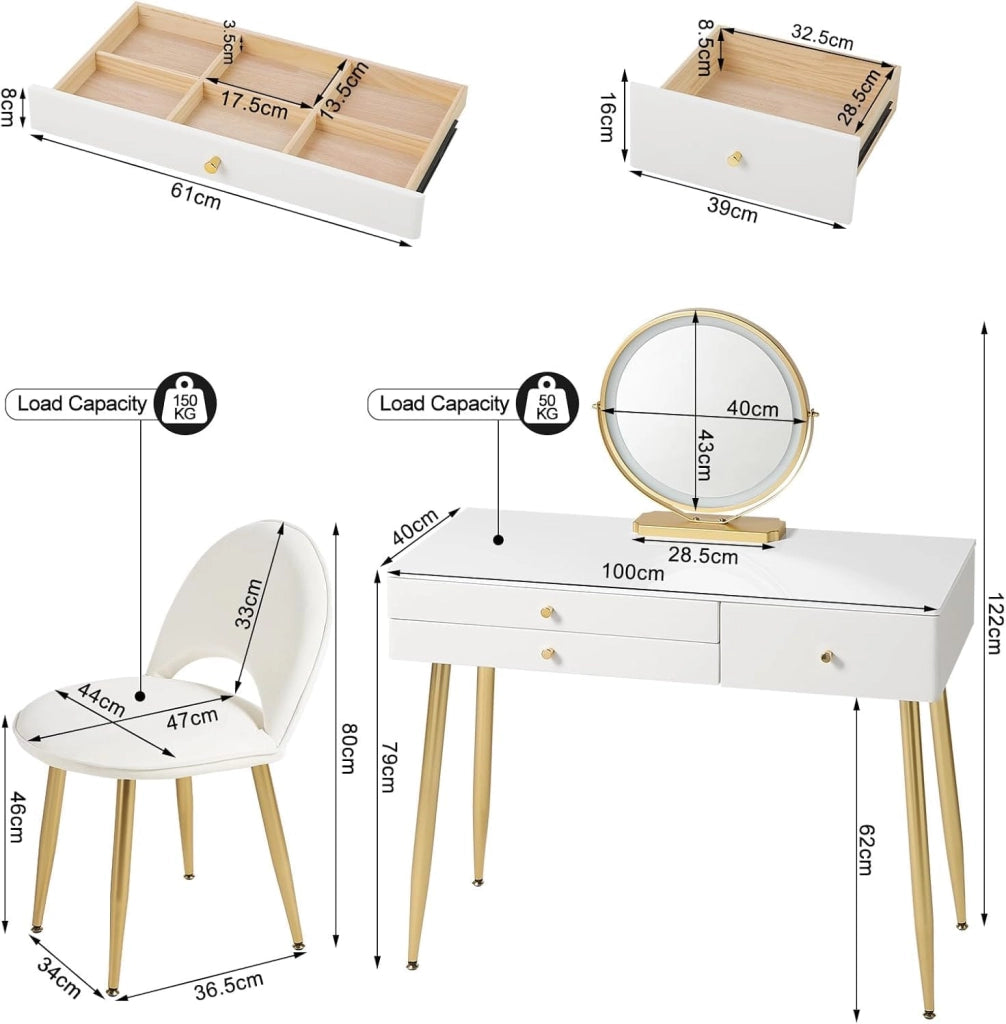 Set Toeletta con Specchio LED 3 Temperature, Sgabello in Velluto, 3 Cassetti in Legno Massello, 100×40×122 cm, Tavolo Trucco Moderno Bianco Champagne