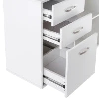 Scrivania Angolare per PC con 2 Cassetti e Ripiani Aperti, Scrivania ad Angolo Forma a L in Legno e Metallo, 117x83.5x76 cm, Bianco
