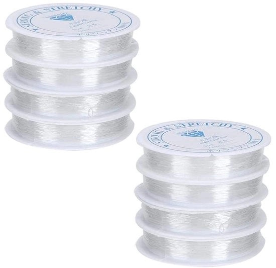 Tessuto Elastico 120 m - 8 Bobine di 15 m - Translucido - Resistente alle Scalfitture - Diametro 6 mm - Per Gioielli e Decorazioni - Nastro di Gomma