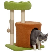 Albero Tiragraffi per Gatti con Casetta, Lettino e Pallina Giocattolo, in Legno e Peluche, 44x33x61 cm, Verde