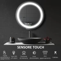 kleankin Specchio Bagno Rotondo con Luce LED Regolabile e Funzione Anti Appannamento, Ø50cm