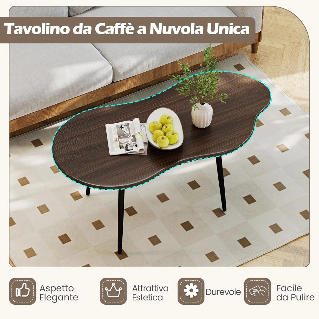Tavolino da Salotto, Tavolino da Caffè a Forma di Nuvola con Struttura in Metallo e Piedini Regolabili, Tavolo Basso Moderno Irregolare per Soggiorno, Ufficio e Studio (Marrone)
