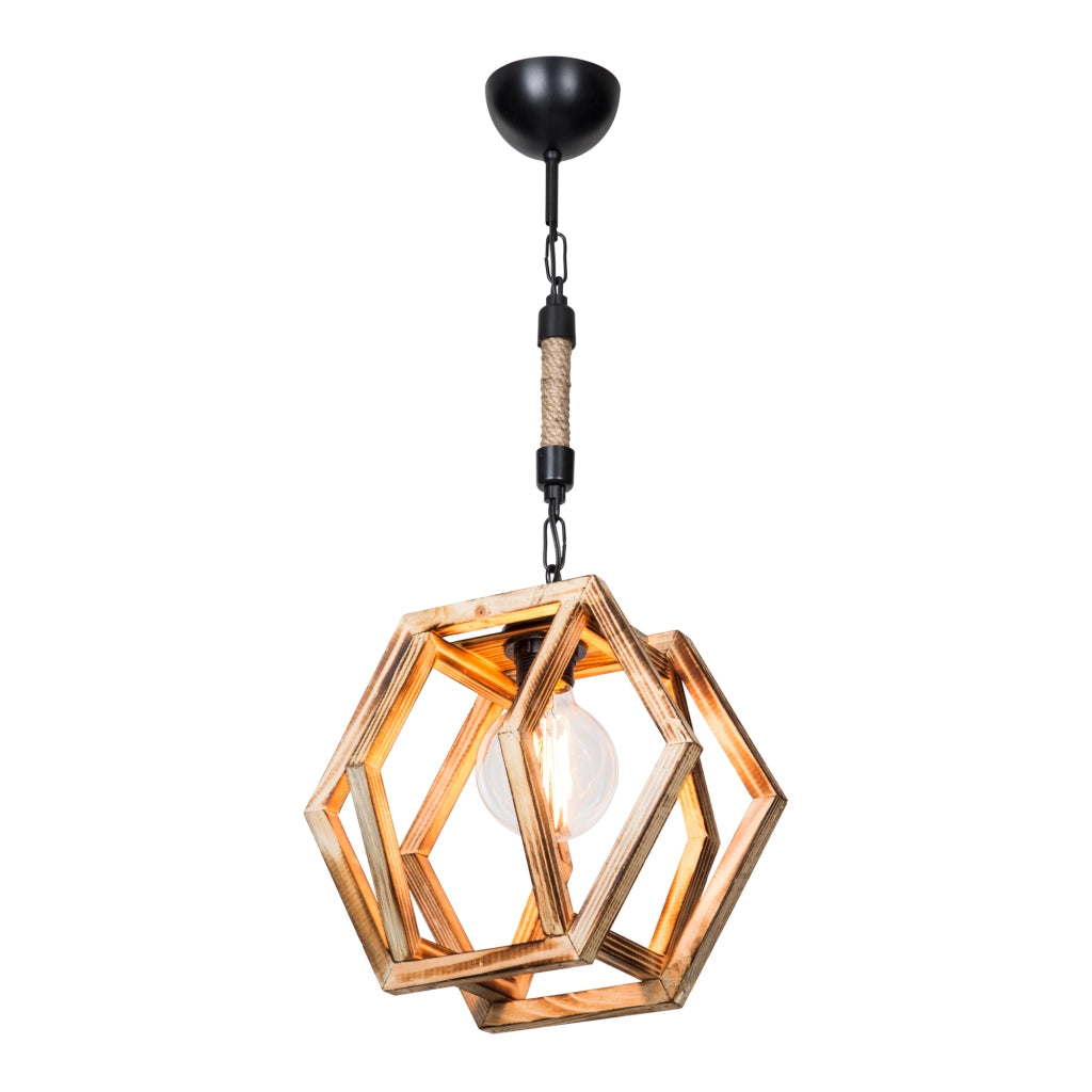 Lampada a Sospensione 'Cheltenham' con Paralume a Gabbia Poligonale in Legno - Naturale [lux.pro]