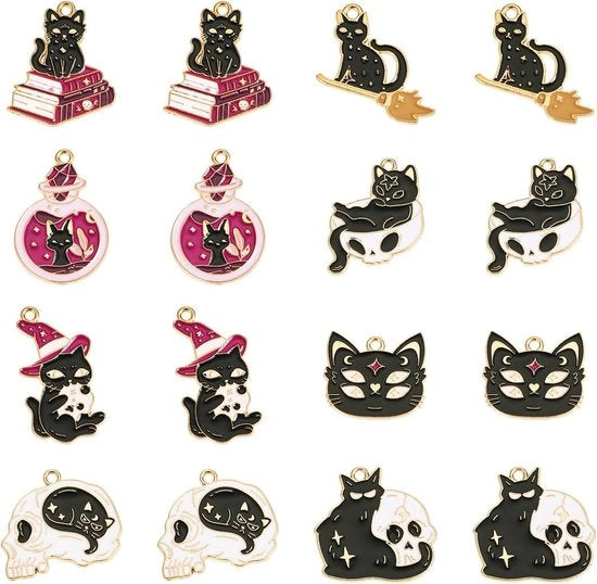 16 pezzi di hanger per emaille Halloween e gatto con tema magico per creare gioielli DIY