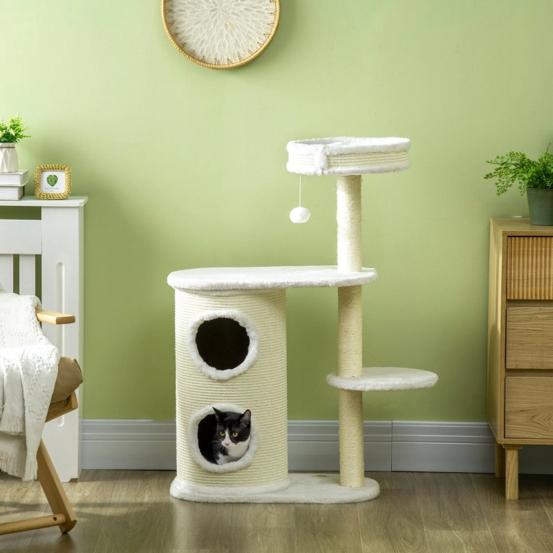 Tiragraffi per gatti con cilindro, 1 cuccia e giocattoli per gatti, 59 cm x 35 cm x 100 cm, bianco crema