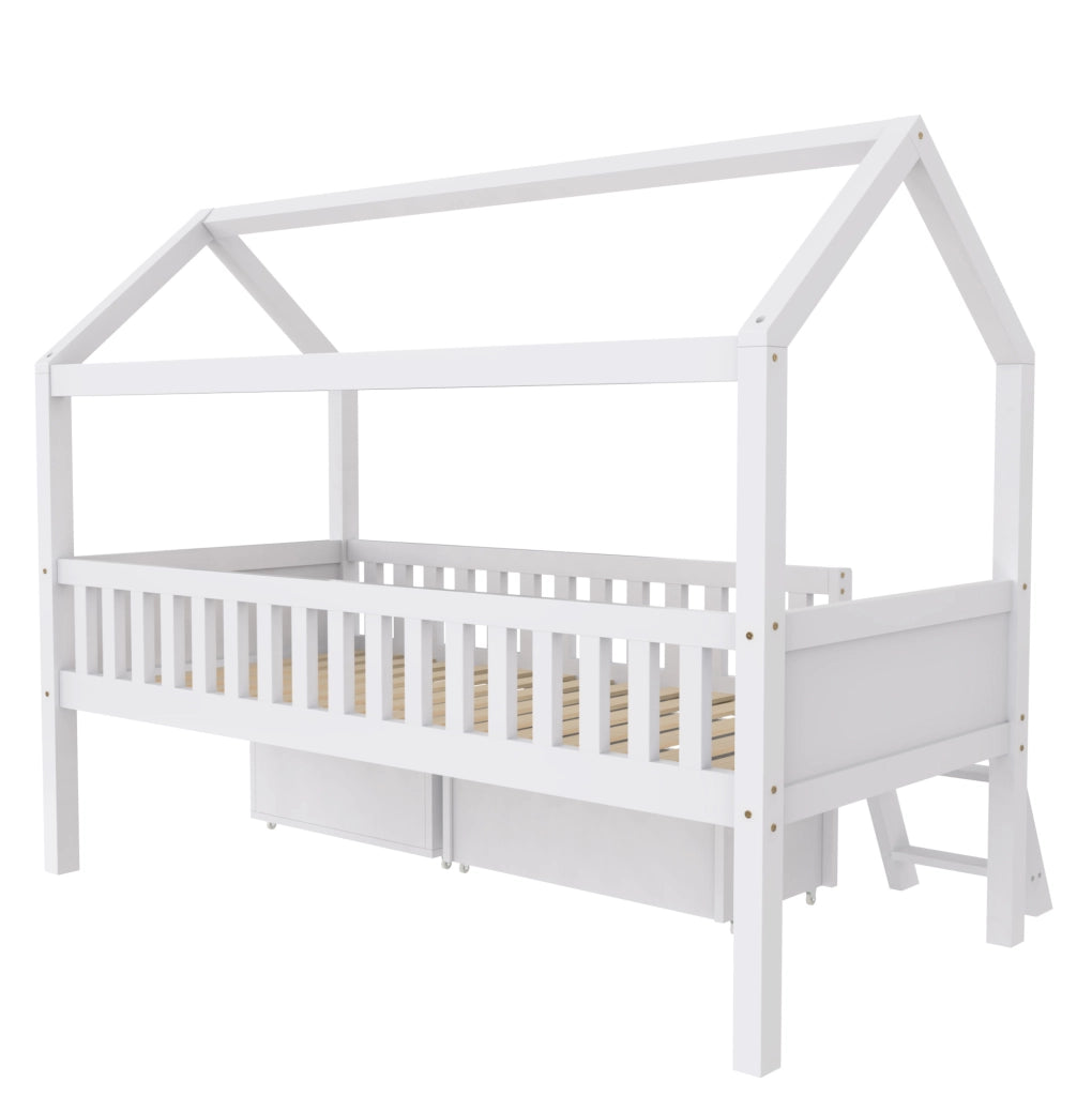 Letto a casetta 90 x 200 cm bianco in legno di pino con cassetti