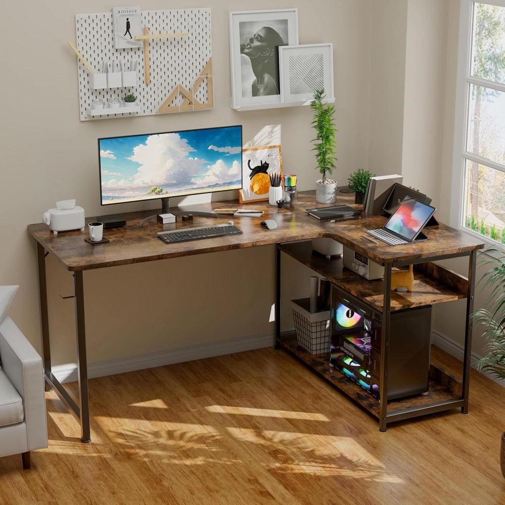 Scrivania da gioco a forma di L, scrivania angolare con ripiani portaoggetti, tavolo per computer con porta di ricarica USB e presa di corrente, 120L*80P*74H, per giocare, lavorare
