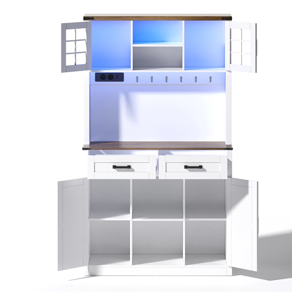 Credenza da Cucina con 2 Cassetti; 4 Vani; Ripiani Regolabili; LED e Prese; in MDF; Marrone e Bianco