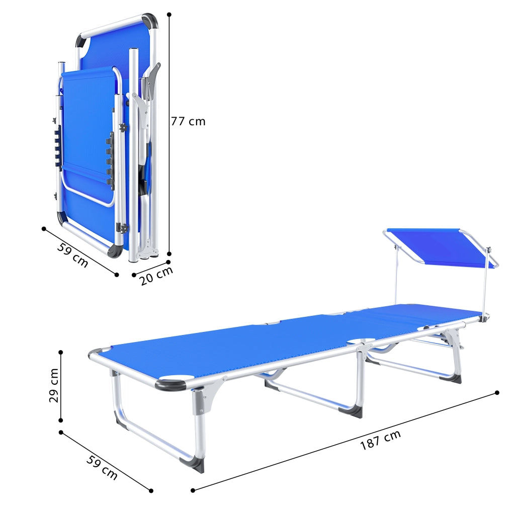 Lettino Pieghevole Prendisole Con Tettuccio Parasole Schienale Reclinabile Regolabile in 6 Posizioni Sedia Sdraio Per Spiaggia Mare Giardino Piscina 187 x 59 x 29 Cm Blu