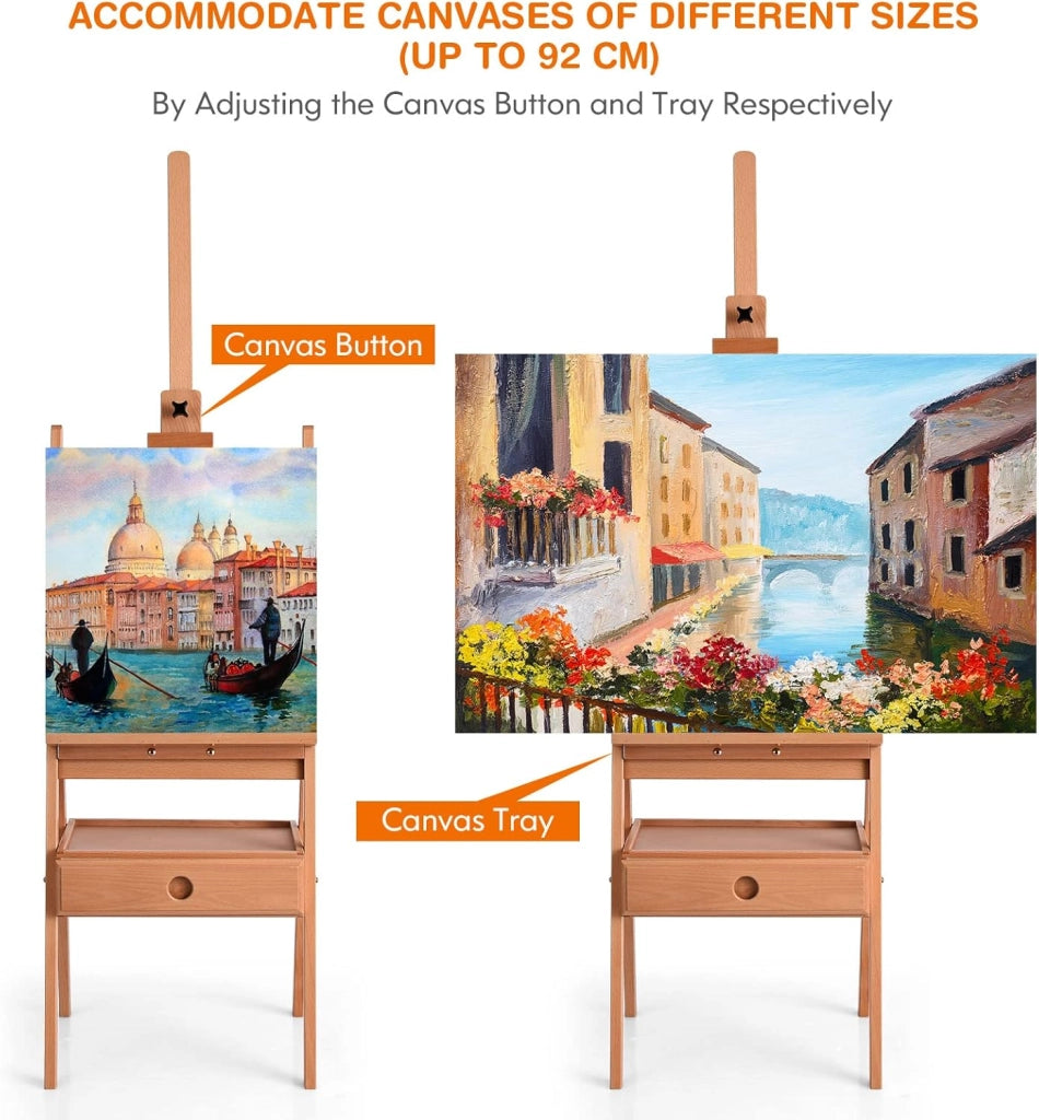 Cavalletto in Legno di Faggio Massiccio, con Ripiano e Cassetto, Cavalletto da Pavimento Regolabile in Altezza, Cavalletto per Artisti Fino a 92 cm di Altezza, 151-194,5 cm, Carico di 15 kg