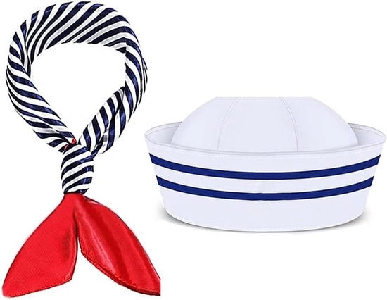 Set di cappello e sciarpa a strisce per Sailor con abbigliamento da marinai per festa di costume per donne e uomini