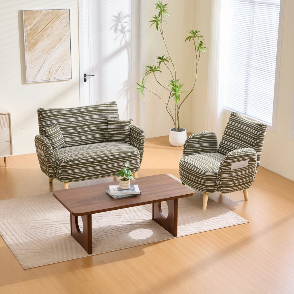 Divano 2 Posti con Tasche laterali e Braccioli imbottiti; in Bouclé Verde Oliva 121 × 81.5 × 87 cm