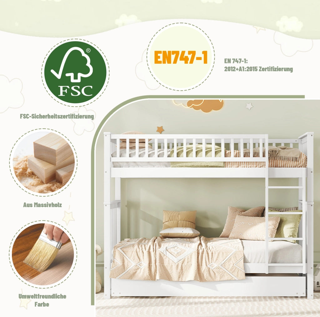 Letto a castello 90x200 cm con letto estraibile; pino e MDF; bianco
