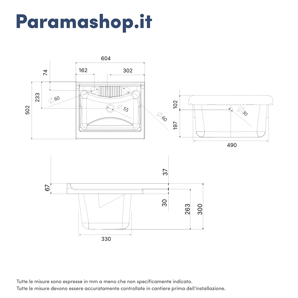 Mobile lavatoio per interni 60x50 cm bianco - vasca e asse in PP, sifone e troppopieno | Pratika