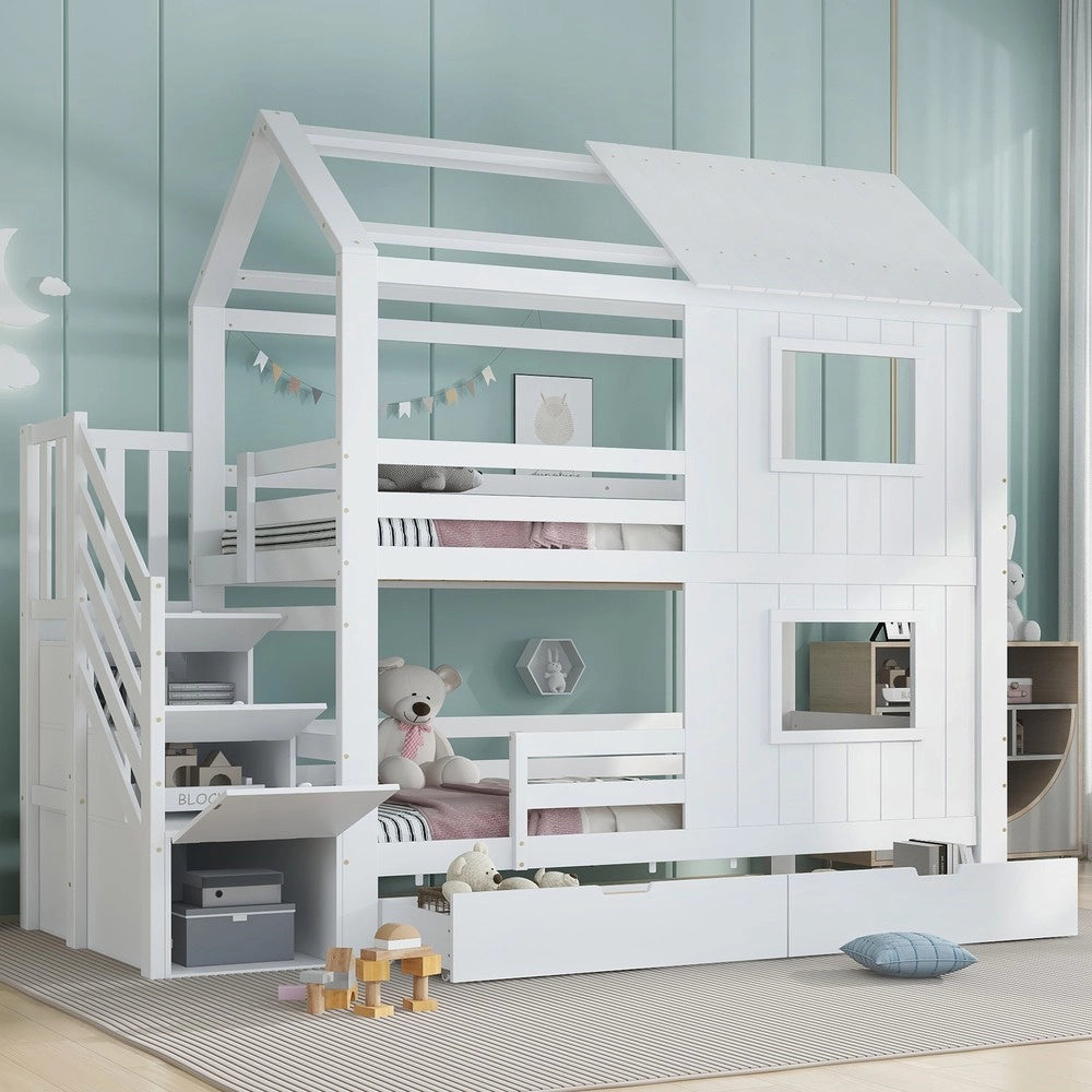 Letto a Castello per Bambini con Cassetti e Doghe ¨C MINIMAL ¨C Pino/MDF, Bianco, 90x200cm