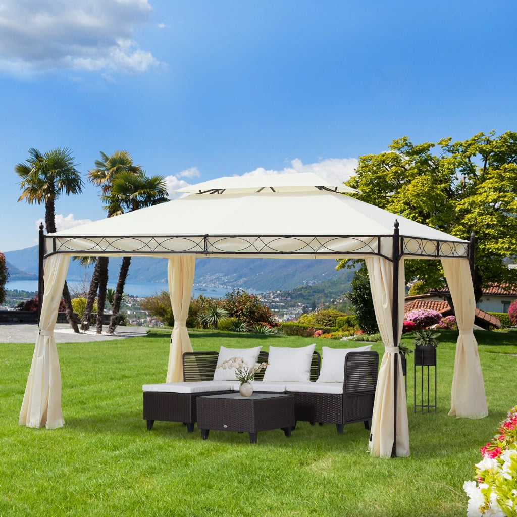 Gazebo da Giardino 3x4m in Acciaio con Doppio Tetto e 4 Tende Laterali, Crema