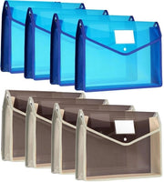 Pacchetto di 8 borse documentali A4, borsa documentale con chiusura a bottone, borsa plastica per documenti, impermeabile, trasparente, borse documentali per scuola, ufficio, archiviazione, casa, lavoro, blu e kaki.