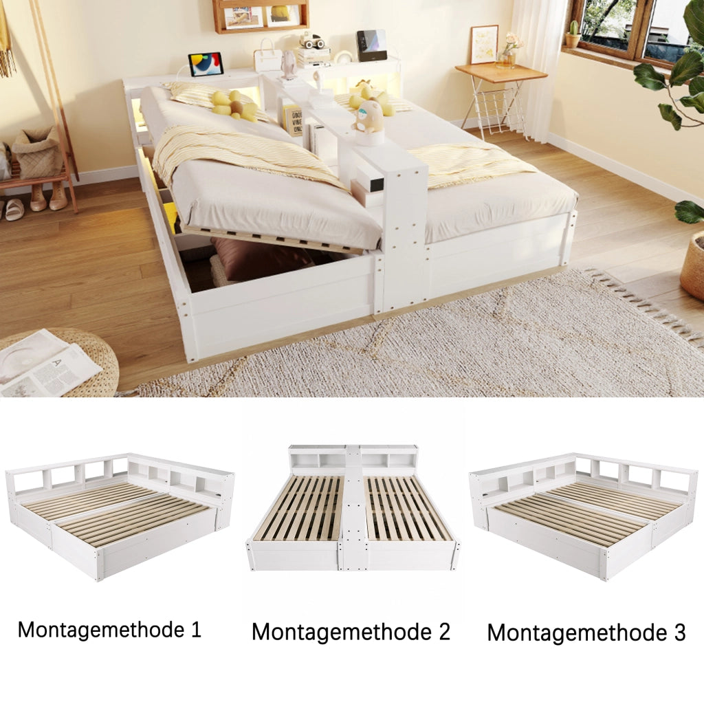 DESMIU Divano Letto 90/180 × 200 cm 2 Posti con Presa, LED e Contenitore Idraulico, senza Materasso, Bianco