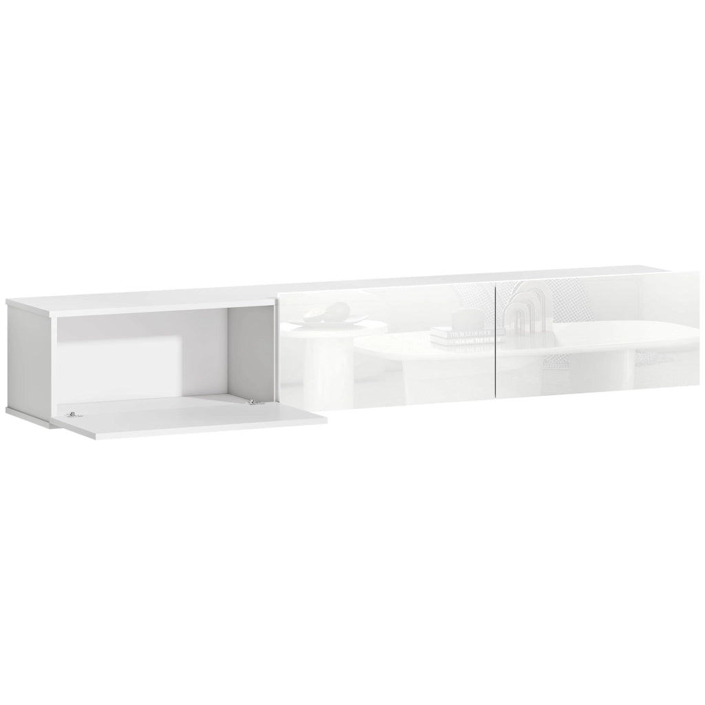 Mobile Porta TV fino a 82" Sospeso con 3 Armadietti a Ribalta e Ante Soft Close Bianco Lucido