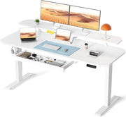 Scrivania elettrica regolabile in altezza, 120 x 60 cm, con cassetti, supporto per monitor, supporto per tablet, con 3 altezze di controllo memoria, bianco
