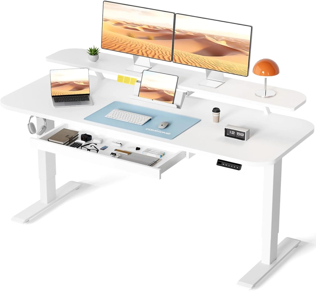 Scrivania elettrica regolabile in altezza, 120 x 60 cm, con cassetti, supporto per monitor, supporto per tablet, con 3 altezze di controllo memoria, bianco