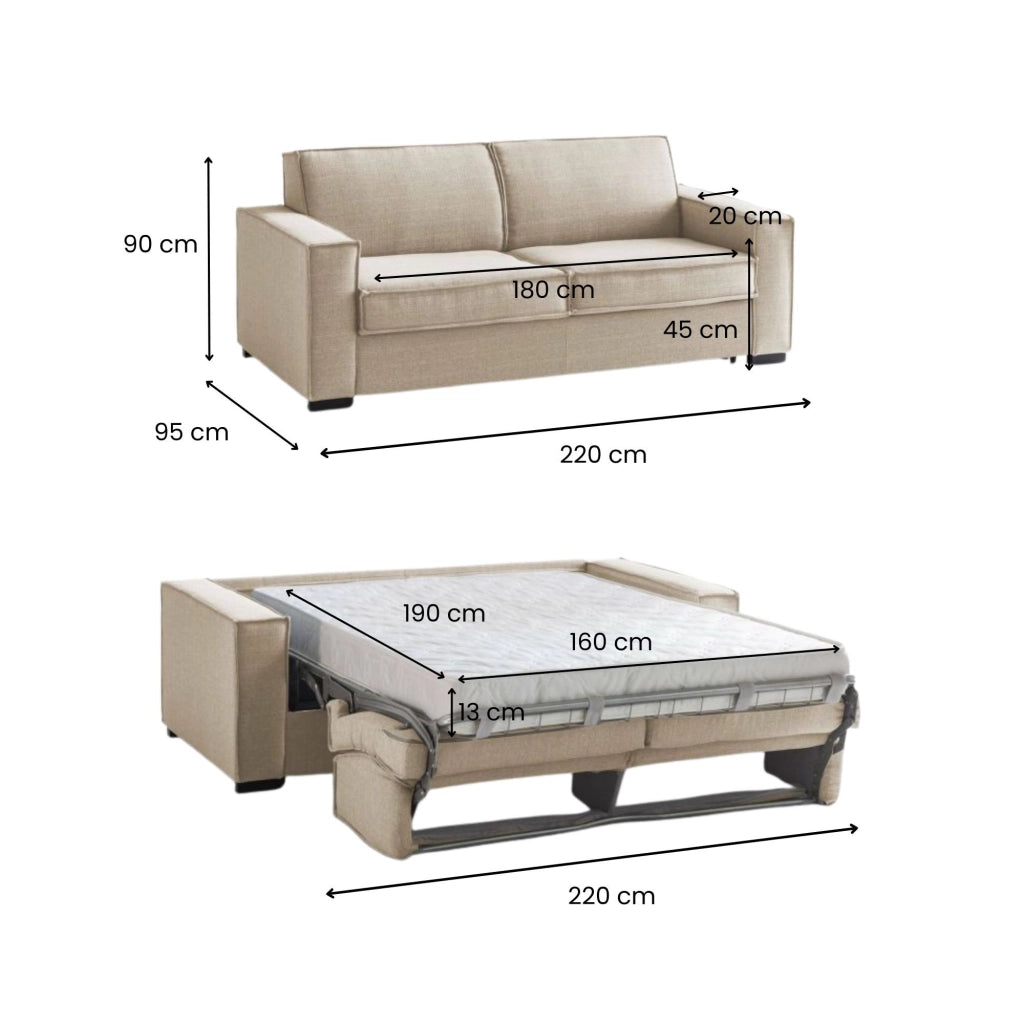 Divano Letto Asteroide, Divano a 3 posti, Made in Italy, SofÒ  Soggiorno con apertura girevole, in tessuto imbottito, con Braccioli standard, cm 220x95h90, Beige