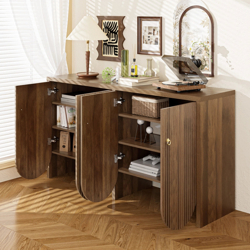 Madia con 4 Ante e Ripiani Regolabili; Frontali Scanalati Moderni; in MDF; 147??40??80 cm; Noce