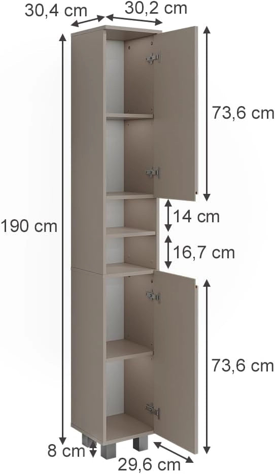 Armadio per il bagno J-Shape, Cashmere/Artigianale, 30.2 x 190 cm con 2 porte, per la conservazione di articoli da bagno e prodotti per l'igiene