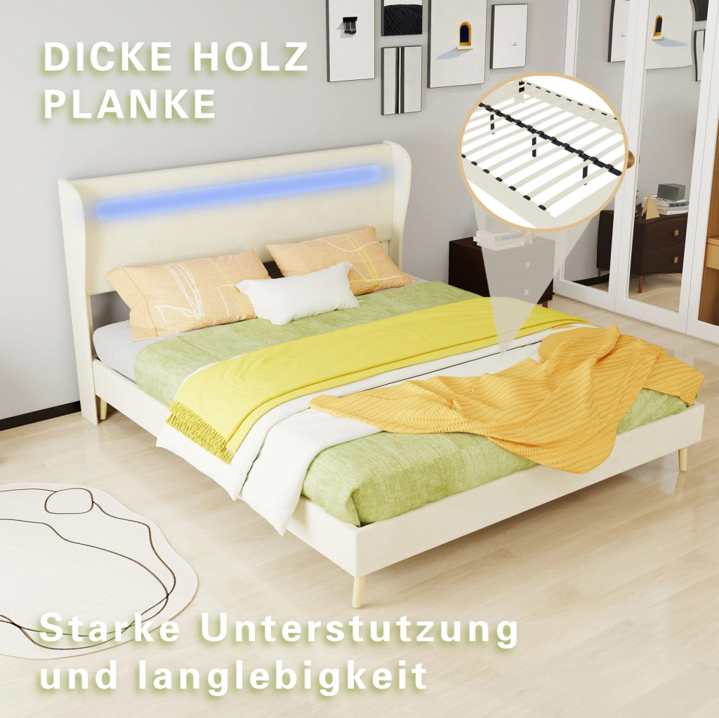 Letto basso 160x200 cm con testiera regolabile e LED multicolore; tessuto e metallo; beige