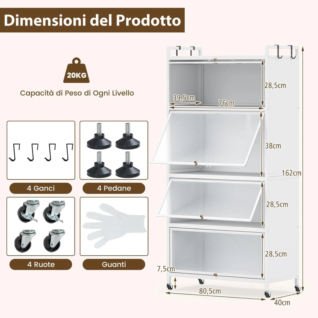 Armadio da Cucina a 5 Ripiani, Mobile Dispensa Cucina con Ruote Girevoli, 4 Porte PC a Ribalta e 4 Ganci, Mensola Microonde in Metallo per Soggiorno, Cucina, Sala da Pranzo (Bianco)