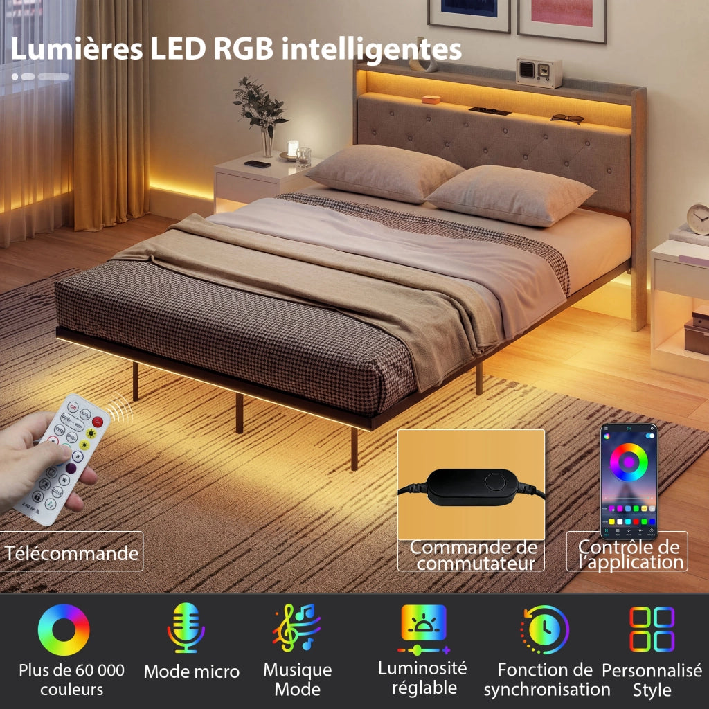 Letto Matrimoniale con Luci LED e Stazione di Ricarica ¨C Zephmum ¨C Grigio 140x190 cm