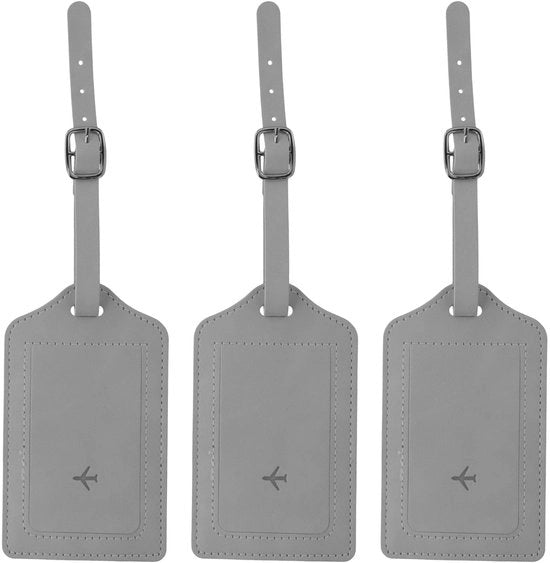 3 set di supporti per valigia, etichette in PU pelle, etichette per valigia con spazio per informazioni personali, per valigia, bagaglio, borse (grigio)