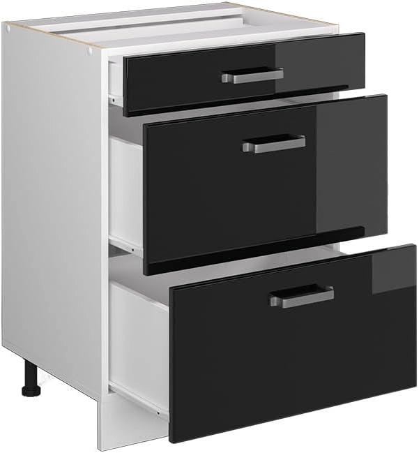 Mobiletto base per cucina R-Line, Nero lucido, 60 cm con cassetti, senza piano di lavoro, per la libera combinazione all'interno di sistemi cucina modulari
