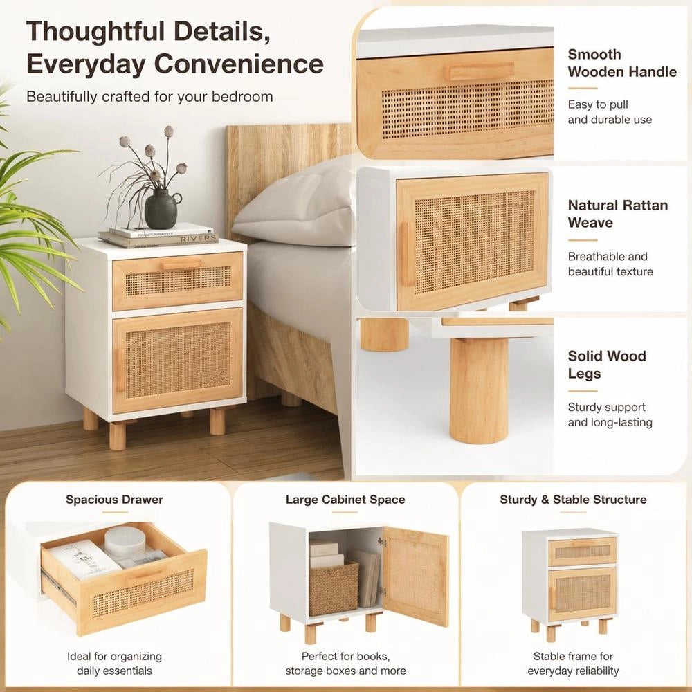 Bedside Table, White, Solid Pine Wood And Natural Rattan