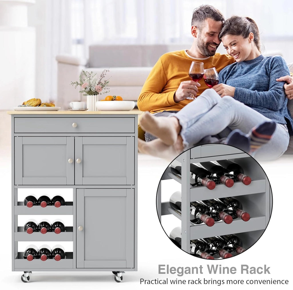 Carrello da cucina mobile con cassetto, porte e ripiani per bottiglie, isola di cucina con ruote e coperchio in legno di gomma, 67 x 37 x 86 cm, mobile di stoccaggio per sala da pranzo (grigio