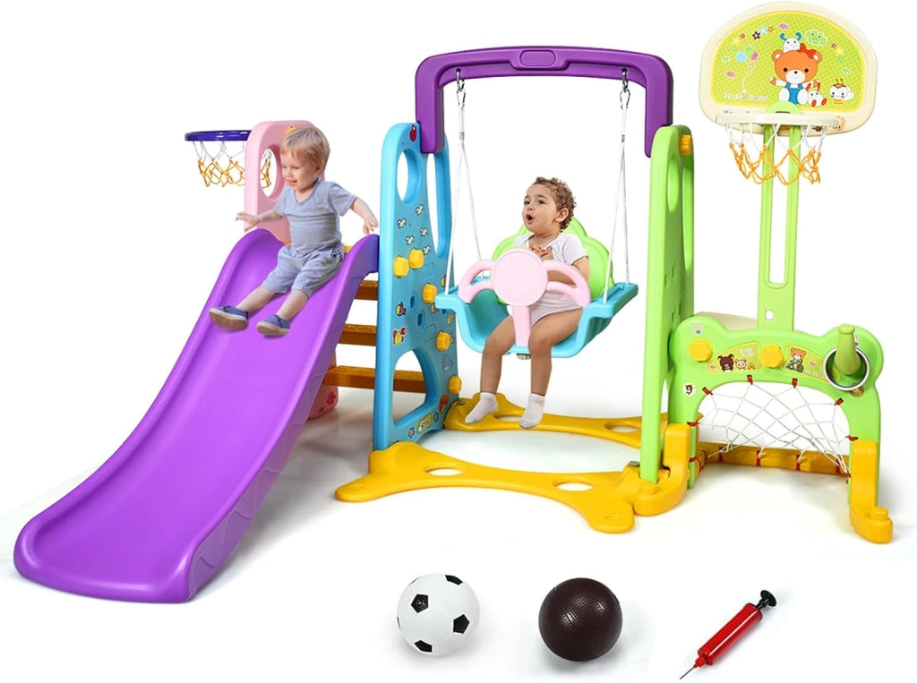 Parco Giochi 6 in 1 Multi Giochi da Giardino, con Altalena e Scivolo, Pallacanestro e Porta da Calcio, 209x174x115 cm, per Bambini 3-8 Anni (Viola)