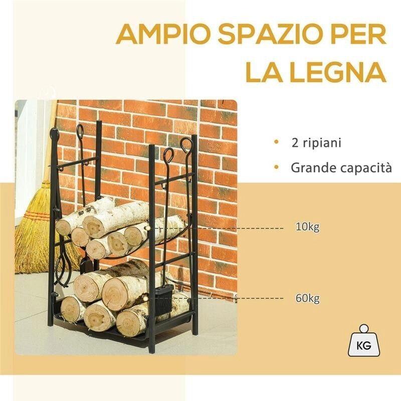 PORTALEGNA DA INTERNO ED ESTERNO IN METALLO CON PALETTA, SCOPA, ATTIZZATOIO E PINZA NERO