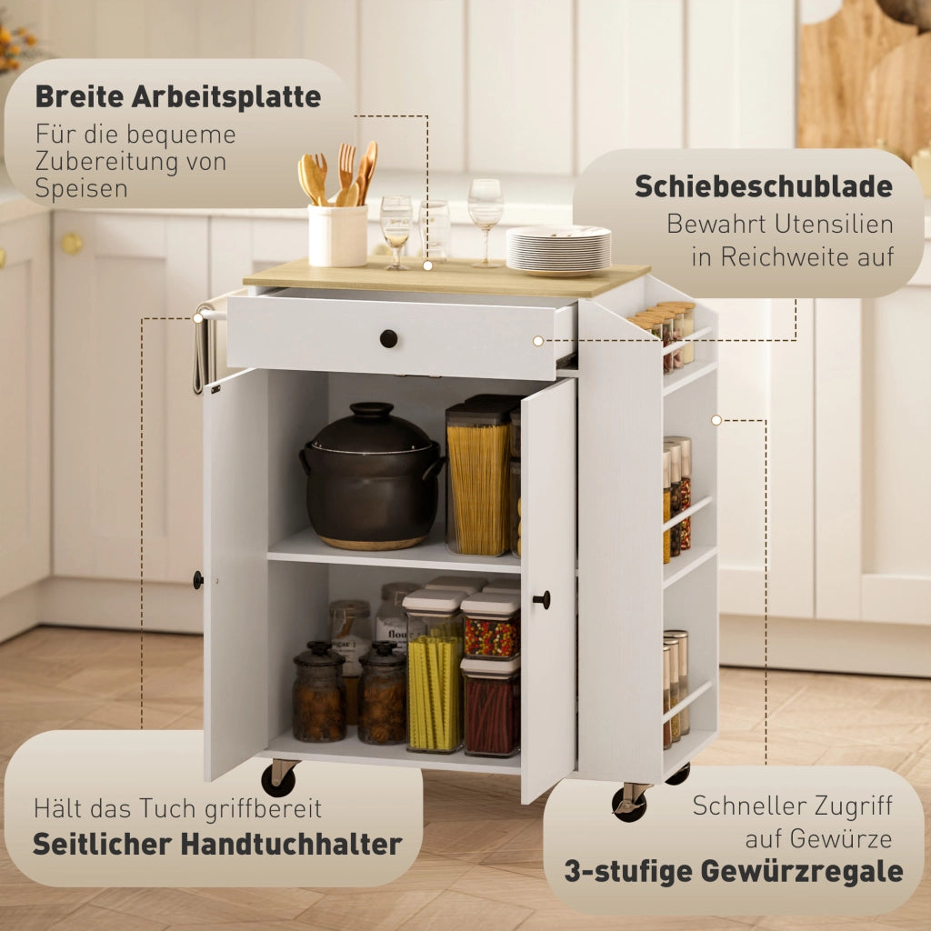 Carrello da Cucina con 1 Cassetto 2 Ante 3 Ripiani per Spezie e Portaasciugamani con Ruote per Cucina Bianco