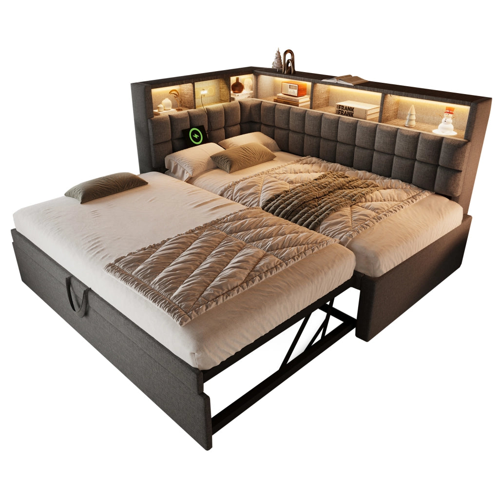Divano letto in lino con letto estraibile, LED e USB-C, 90x200 cm, grigio