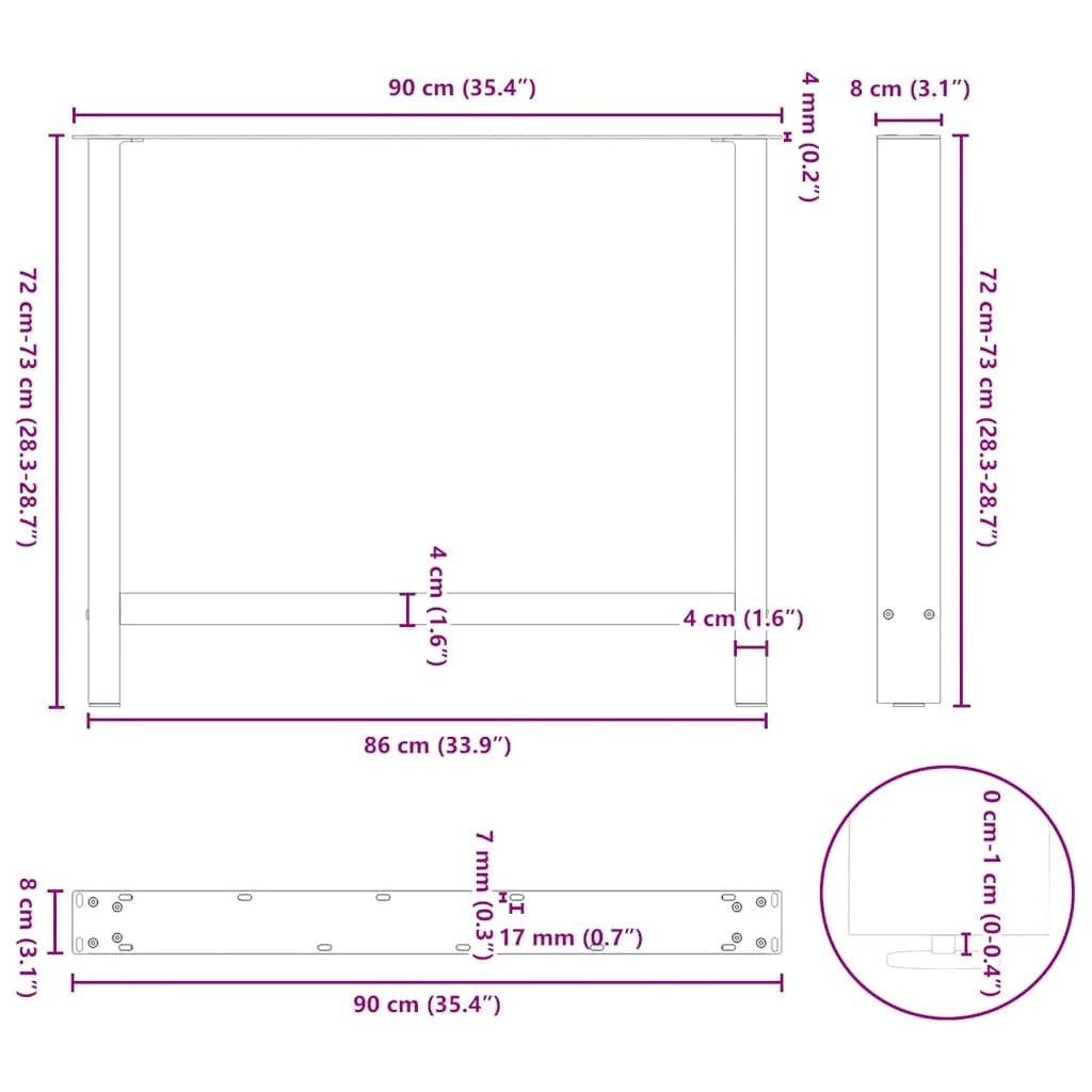Set di 2 gambe regolabili per tavolo da pranzo moderno geometrico 90 x 72-73 cm in acciaio antracite 02_0057558