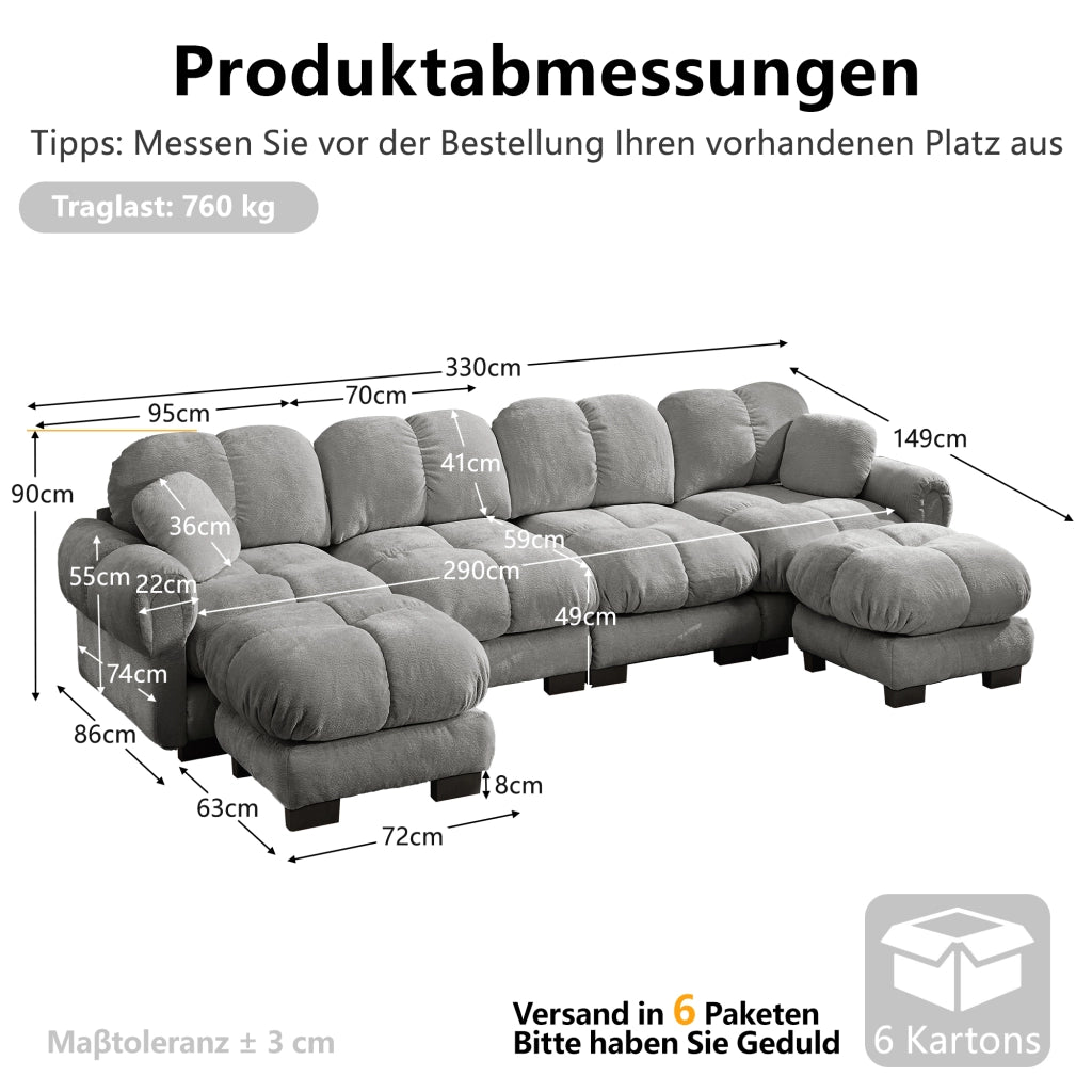 Divano angolare modulare a U con 2 pouf mobili e cuciture trapuntate in ciniglia grigio chiaro 330 × 149 × 90 cm
