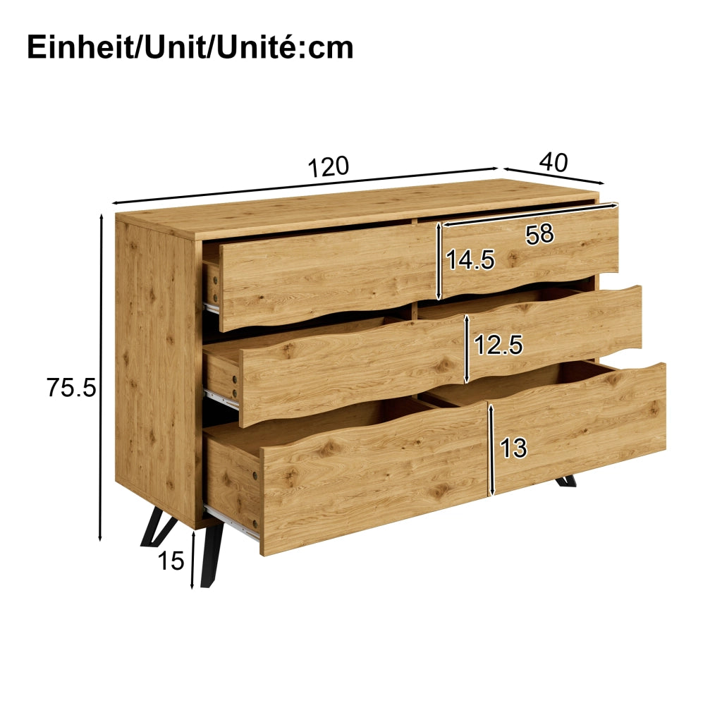 Credenza con 6 Cassetti; Frontali Ondulati e Piedini in Metallo; Stile Moderno; in Pannello Truciolare; Legno; 120??40??75;5 cm