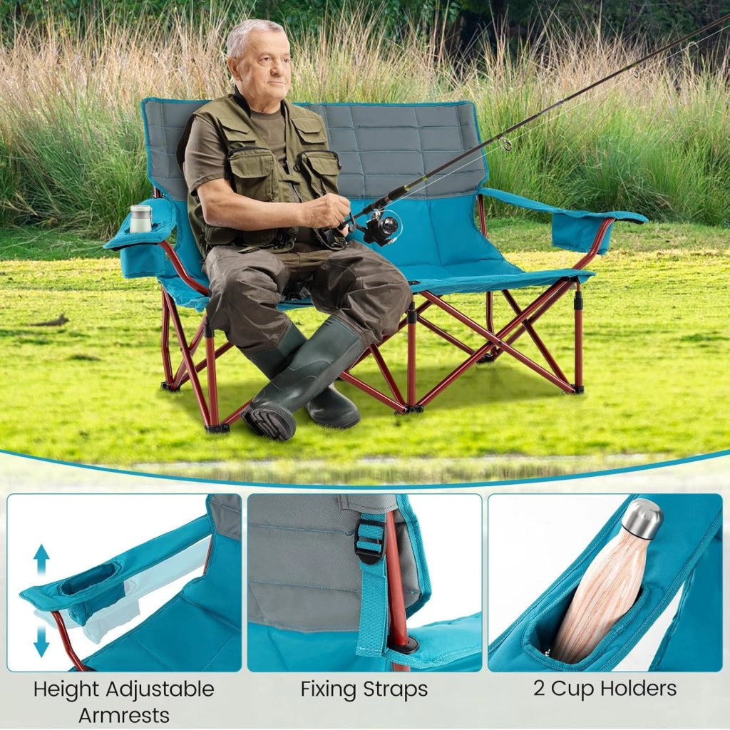 Sedia da campeggio pieghevole a 3 posti, con braccioli regolabili, portabicchieri e borsa per il trasporto, sedia da campeggio per esterni, giardino e balcone, portata fino a 408 kg (blu +