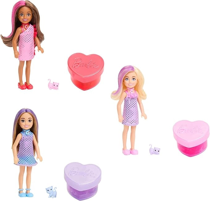Barbie Party Surprise - Chelsea Festa Glamour, set con bambola e un cucciolo, 6 sorpese con effetto cambia colore inclus