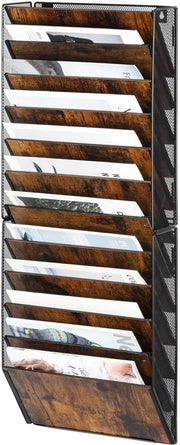 Houder per giornali in legno con 12 contenitori, support in metallo per giornali, mappa di fissaggio, contenitori per oggetti da appendere, contenitori per documenti, organizzatore per ufficio/scolastico, A4, archiviazione documenti, nero antico.